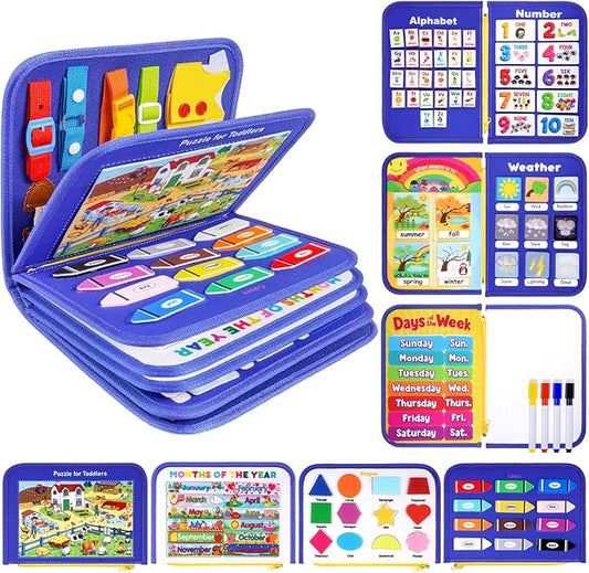 12-Page Toddler Busy Board Montessori Toys, Busy Book for Toddlers, Boy Girl Birthday Gift,Toddler, 24 in 1 Activity Sensory Toys for Motor Skills, Travel Toy for Car Airplane (Blue)