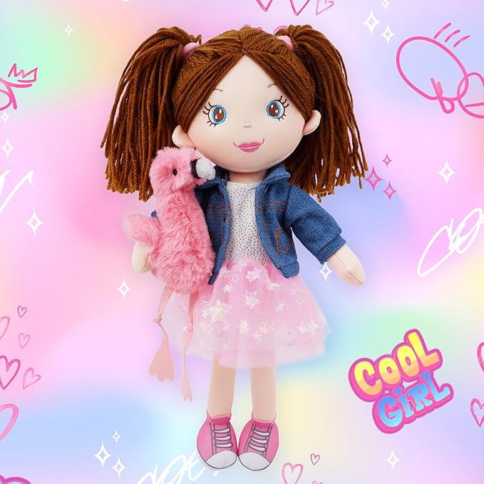 June Garden 15" Playmate Buddies - Plush Doll Mia with Her Stuffed Animal Companion Flamingo Rosie for Kids 1 Year and Up