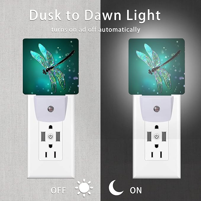 Dragonfly Night Light,Fantasy Green Dragonfly Plug-in Night Lights with Dusk-to-Dawn Sensor for Bedroom, Bathroom and Living Room Sleep Friendly lamp for Women/Girls/Boys Gift,0.5W
