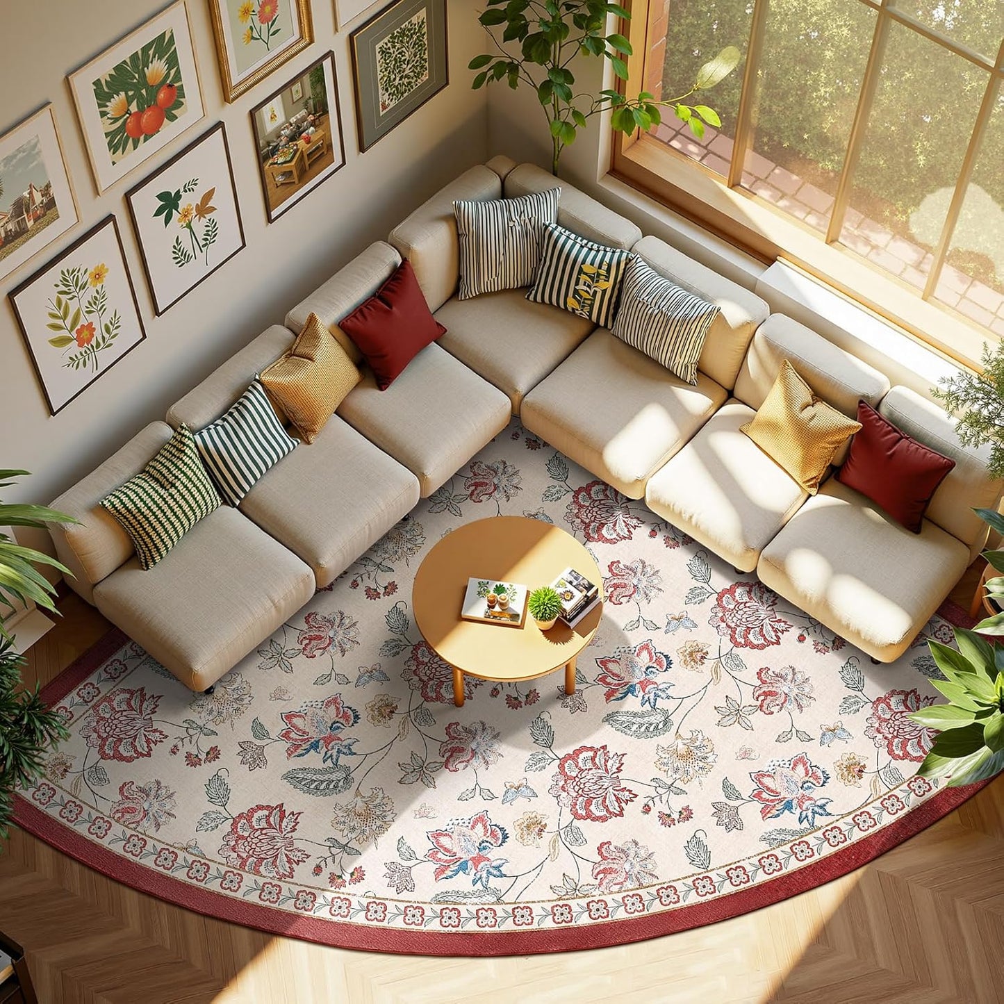 jinchan Floral Corner Rug for Living Room Washable Bedroom Rug Vintage Romance Design Non Slip Quarter Circle Lightweight Low-Pile Throw Carpet for Reading Nook Playroom,7ft Radius, Red/Beige