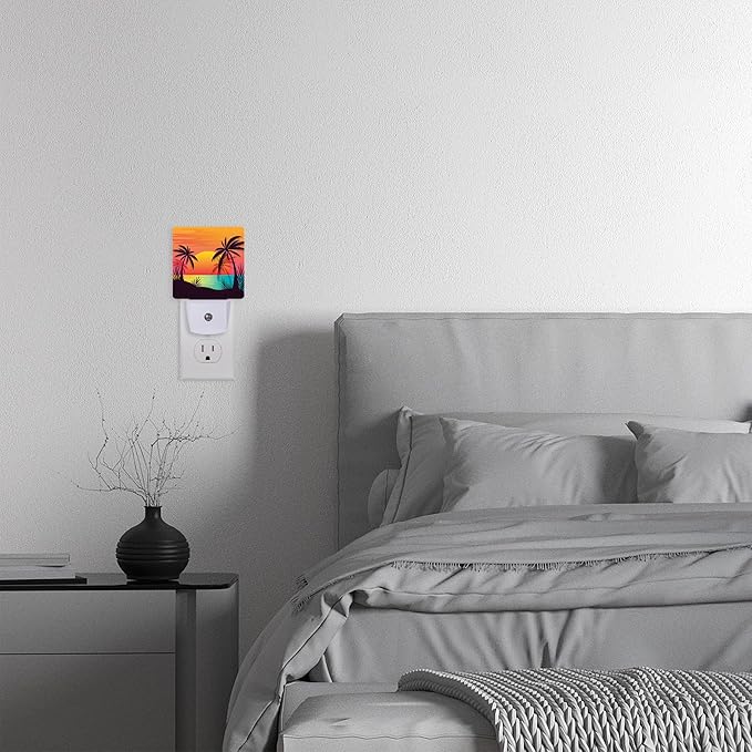 Night Light,Palm Tree with Beach Sunset Night Lights Plug into Wall for Boys Girls Bedroom Decorative Half Round Nightlight Led Lamp 0.5W Sleep Friendly