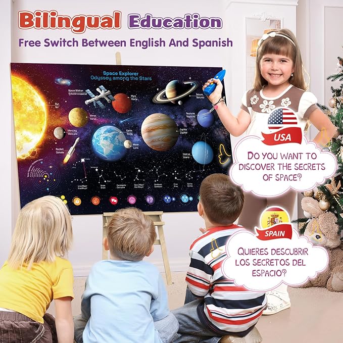 Bilingual Interactive Solar System Poster for Kids – Educational Talking Space Poster for Kids Aged 3-12, STEM Learning Toy, Ideal for Classroom & Home, Space-Themed Wall Decor