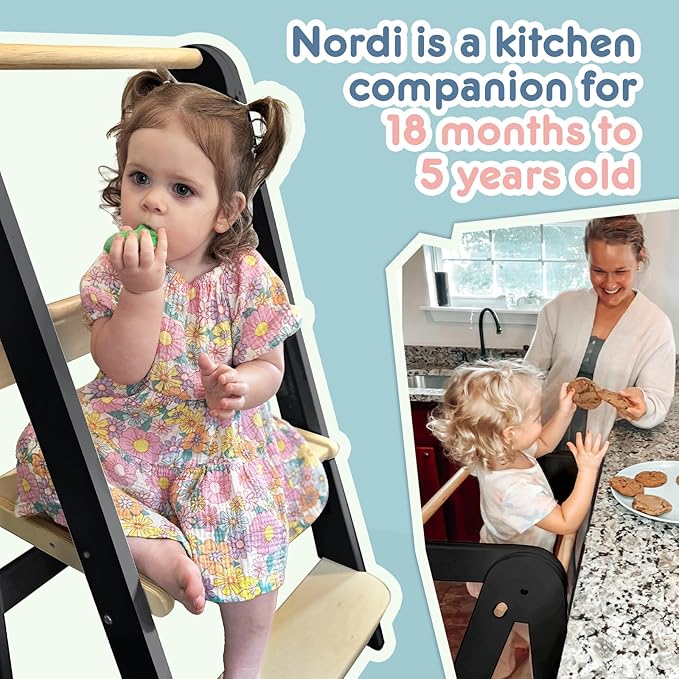 Nordi Foldable Toddler Kitchen Tower, Montessori Kitchen Stools Helper, Standing Tower with 3 Adjustable Heights, Suitable Age for 2-6 Years, Black