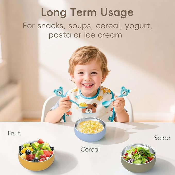 Bella's Friends Stainless Steel Baby Bowls with Silicone Sleeve 3 Pack, 4.3” for Toddlers Kids Feeding, Non-Slip, Non-Toxic, Mess-Free, Dishwasher Safe, Fit High Chair Size, blue yellow green