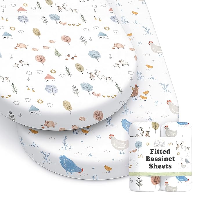 Baby Bassinet Sheets for Boy, Girl (Farm Animals) 2-Pack - Fitted Bedside Bassinet Sheets - Buttery Soft Cotton Blend for Standard Mattress Pad - Compatible with Halo BassiNest