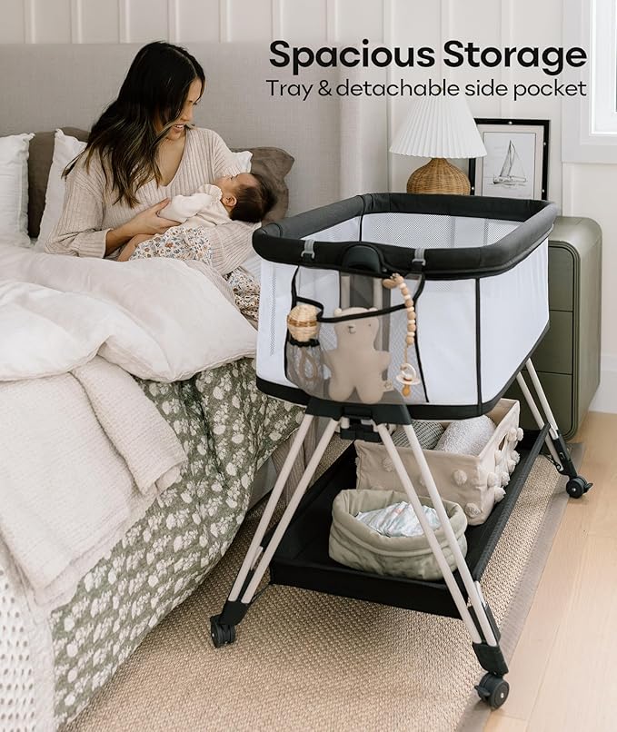 Fodoss Baby Bassinet Bedside Sleeper with Wheels and Storage Tray,4-Sided Mesh Bedside Bassinet for Infant/Newborn,7 Height Adjustable Easy Folding Bedside Crib