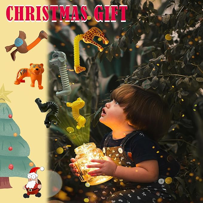 Animal Pop Tubes Sensory Toys 6 Pack Fidget Toddler Stretchable Stress Relief Tubes for Autism, Party Favors, Christmas Stocking Stuffers, Birthday Gifts for Kids Boys & Girls