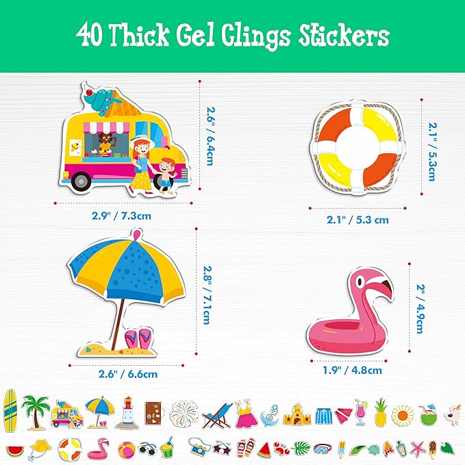 40PCS Reusable Jelly Stickers, Waterproof Summer Beach Window Cling Stickers for Toddlers, Removable Easy to Clean Gel Decals for Kids, Adults, Home & Classroom Decors, Travel Toy (Not Edible)