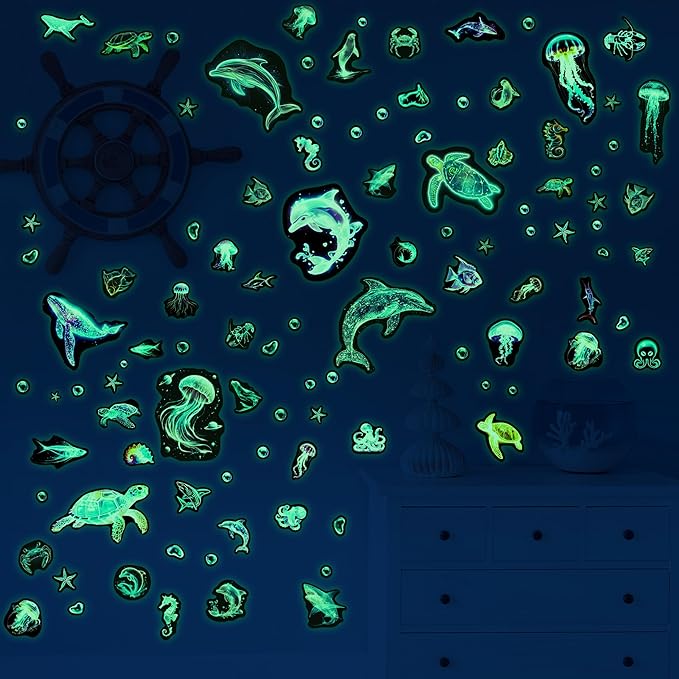Fantasy Ocean Fish Wall Decals Glow in The Dark, Colorful Neon Ocean Animal Wall Stickers for Kids, Waterproof Vinyl Sea Creature Stickers, Ceiling Walls Room Bathroom Bedroom