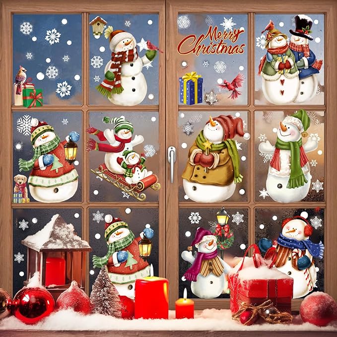 195 Pcs Christmas Window Clings Xmas Snowman Snowflake Window Decoration Large-Size Double-Side | Reusable Snowflake Window Stickers for Xmas Decorations Party Home Decor