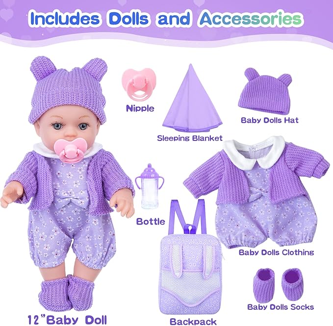 ZNTWEI 12 Inch Backpack Baby Doll Playset with Washable Dolls and Accessories Includes Backpack, Bottles, Nipple, Blankets, Hats, Clothes, Socks First Baby Dolls for Toddlers 3 Years and Up