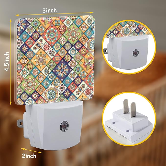 Vintage Bohemian Floral Patchwork Night Light Plug into Wall with Dusk to Dawn Sensor Energy Efficient LED Nightlight for Women Girls Boys Room Decor,Hallway,Kitchen,Bathroom,Nursery,Stairs