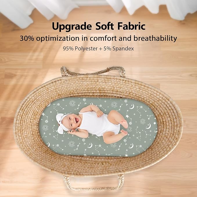 Baby Bassinet Sheets Girl Boy, Fitted Bassinet Sheet Set 3 Pack Bassinet Mattress Sheets Universal Fit for Rectangle, Round, Oval, Hourglass Mattress, Soft Breathable Green Gray Constellation