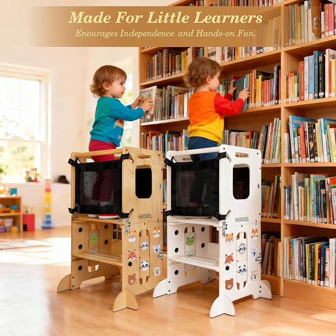 Toddler Kitchen Stool Helper, CPC Certified Foldable Toddler Tower, Learning Wooden Tower with Support Feet and Chalkboard, Anti-Drop Structure, Safe Design for Kids, Natural