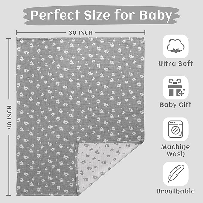 NTBAY 3 Layer Muslin Cotton Toddler Blanket, Jacquard Reversible Nursery Bed Blanket, Super Soft and Thermal for All Seasons, Decoration Gift, 30"x40", Dark Grey Elephant