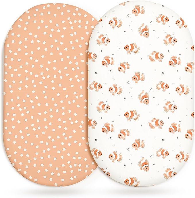 Bassinet Sheets for Baby Girls Boys 2 Pack, Fitted Baby Mattress Sheet for Rectangle, Oval, Hourglass Bassinet Mattress, Breathable Cozy & Universal Fit (Nemo Dots)