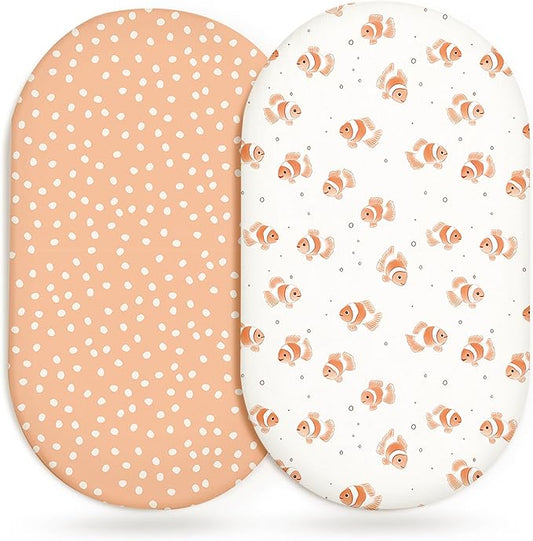 Bassinet Sheets for Baby Girls Boys 2 Pack, Fitted Baby Mattress Sheet for Rectangle, Oval, Hourglass Bassinet Mattress, Breathable Cozy & Universal Fit (Nemo Dots)
