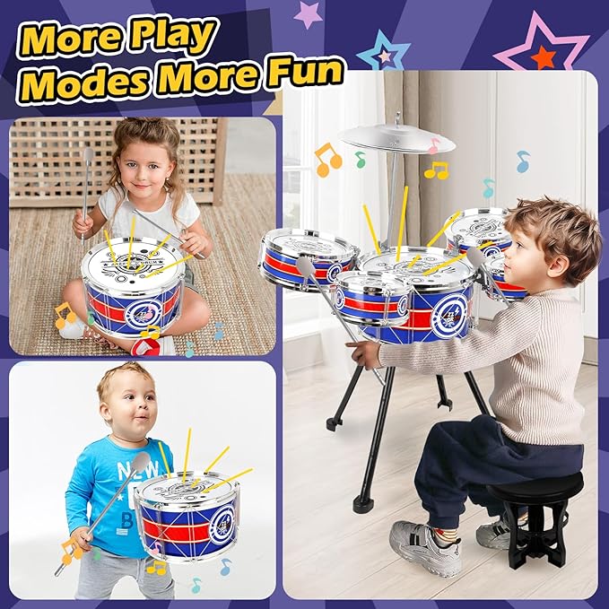 Toddler Jazz Drum Set Upgraded Kit with 5 Drums - Music Toys for 3-5 Year Old Boys & Girls