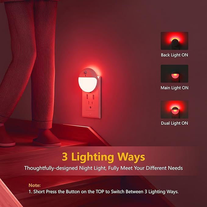 2 Pack Plug in Red Sleep Night Light, Dusk to Dawn, 3 Lighting Ways, Soft Glow, Stepless Dimming, LED Lights for Bedroom, Sleep, Baby Nursery, Kids, Toddler, Bathroom, Hallway, Home Decor