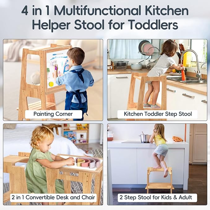 4 in 1 Kids Toddler Kitchen Stool Helper with Double-Sided Whiteboard, Wooden Toddler Learning Standing Tower, Non-Skid Feet Children Step Stool for Kitchen Counter, Bathroom Sink, Adult Use