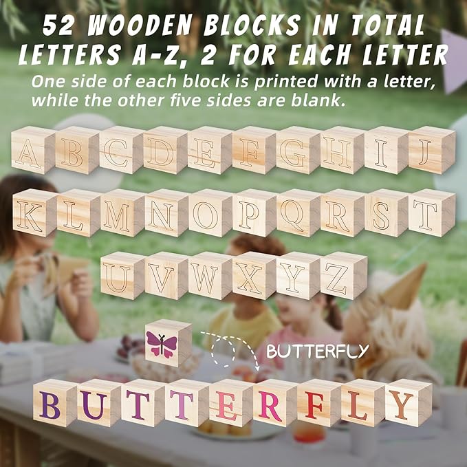 117 Pcs Baby Shower Blocks to Decorate Game Kit Includes 52 Wooden Blocks 24 Markers 1 Game Sign 40 Templates to Paint (Leaf)