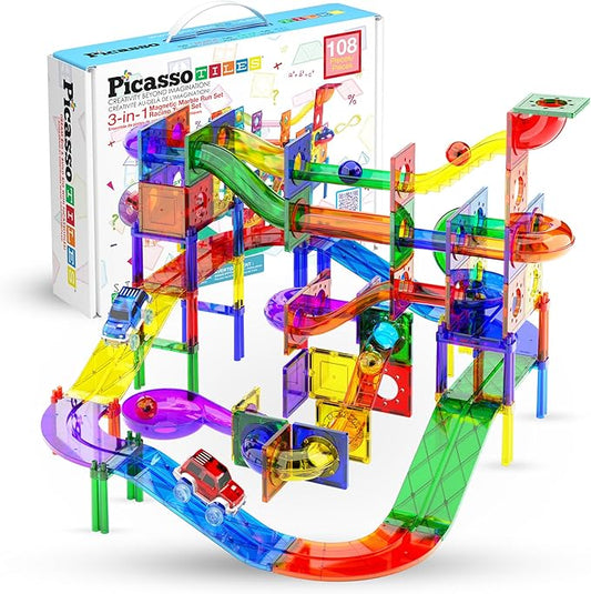 PicassoTiles 108pc 3-in-1 Marble Run Car Race Track Combo Magnetic Tiles PicassoToys Magnet Building Block Educational Construction Toy Playset STEM STEAM Learning Kit Child Brain Development PTG108