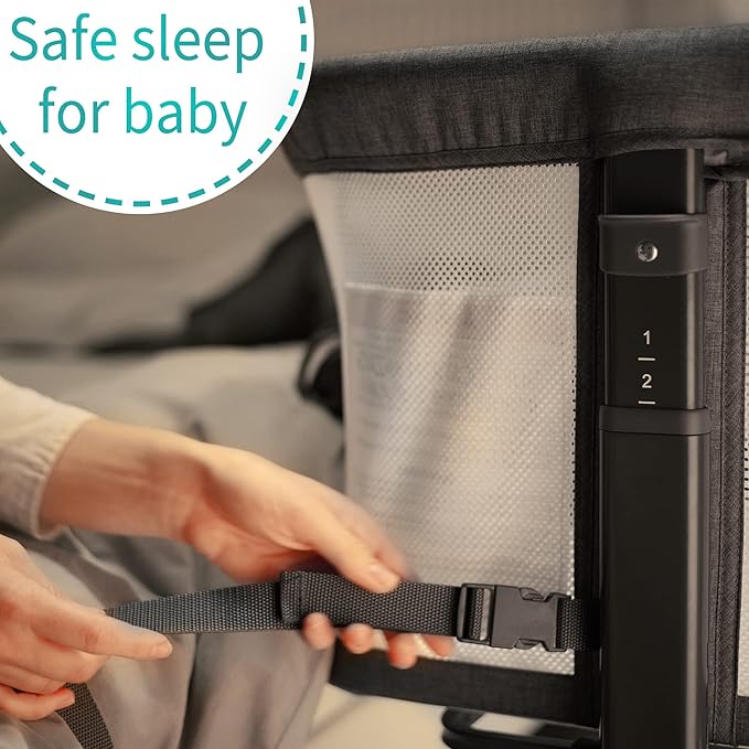 AMKE Baby Bassinet Bedside Sleeper, Portable Bassinet with Wheels, 6-Height Adjustable & Fold Down Side, Full Breathable Mesh Bedside Crib for Baby with Mattress Pad, Easy to Install, Dark Grey