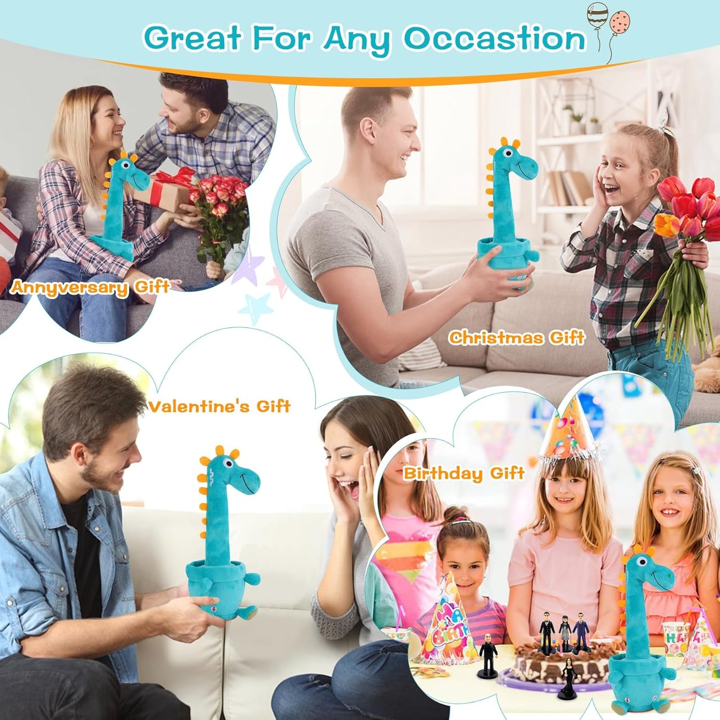 Dancing Talking Dinosaur for Baby Toddler, Interactive Mimicking Toy with Recording and Repeating, 60 Songs