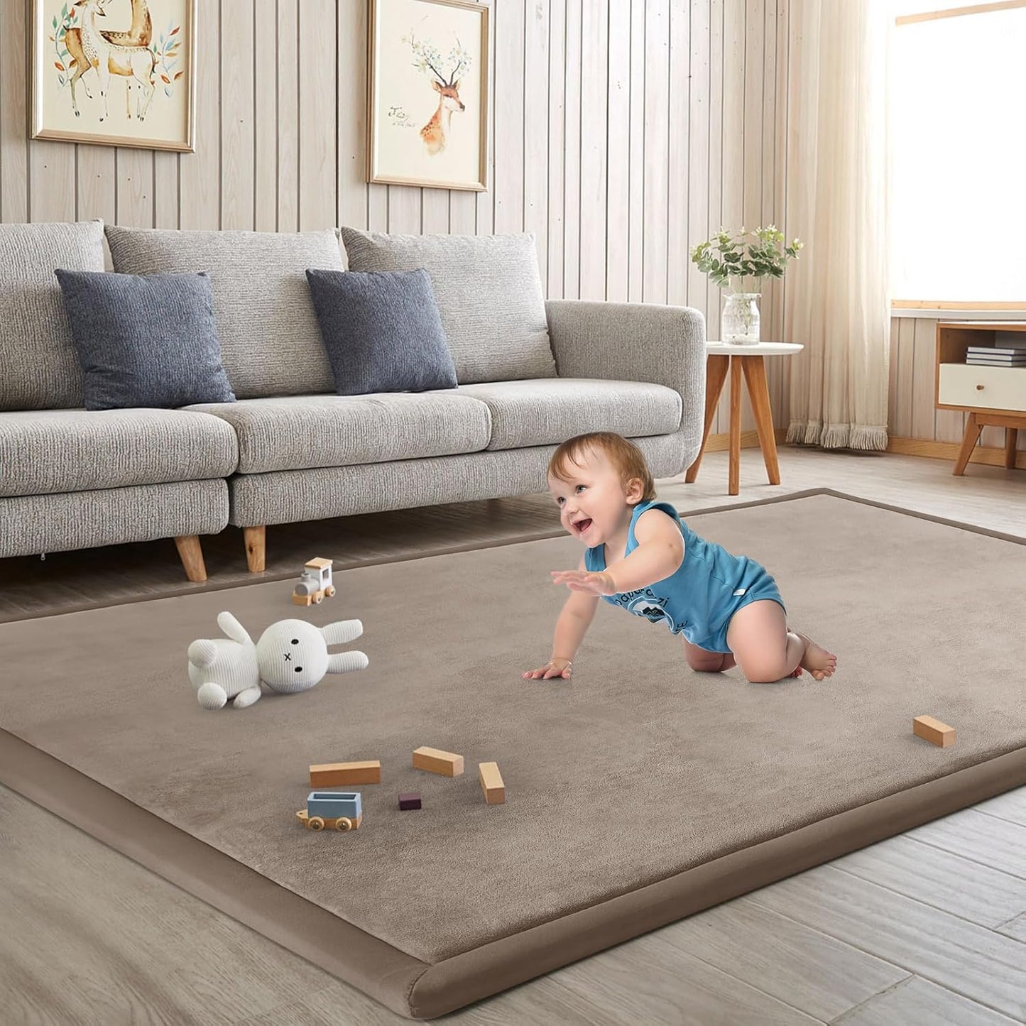Baby Play Mat for Floor Tummy Time Mat Nursery Rug Muscle Area Rug PlayroomTatami 79"x138" Memory Foam 1.3" Thick Crawling For Babies,Toddlers, Infants, Kids,Floor(Brown)
