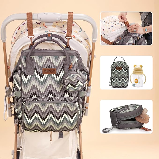 Montana West Wrangler Callie Diaper Bag Backpack with Pacifier Case, Crossbody Bottle Bag and Stroller Straps Western Pattern Multifunction Baby Travel Bag Set WG2216-9110BK