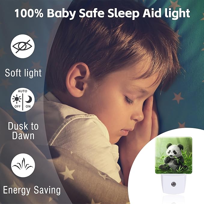 Cute Panda Eating Bamboo Night Light, Natural Animal Green Leaves Dusk to Dawn Night Light Plug in, 0.5W Energy Saving Sleep Friendly NightLight for Kids Boys Girls Home Decor