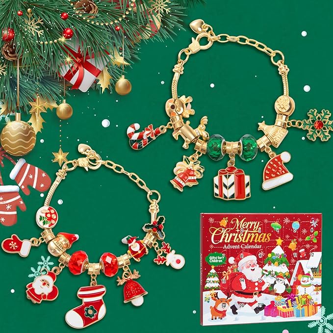 Christmas Advent Calendar Bracelets 2025 for 24 Days Xmas Countdown Calendar DIY Jewelry Making Kit Gift 22 Charm Beads 2 Bracelets for Women