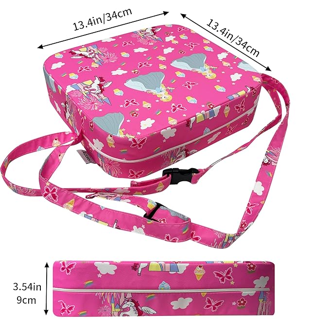 Toddler Booster Seat for Kitchen Chair, 3.5" Oxford Foam Cushion, Non-Slip Base, Adjustable Straps, Portable Dining Booster for Self-Feeding Toddlers at Home or on The Go (Pink Castle)