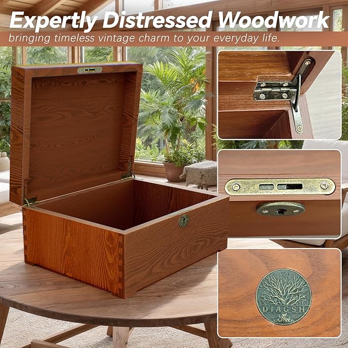 Locked Wooden keepsake box with Hinged Lid, Ash Wood Decorative Keepsake Box (11x5x8.46 in), Handmade Mortise & Tenon Joints, Durable Wood Box Storage for Jewelry & Valuables