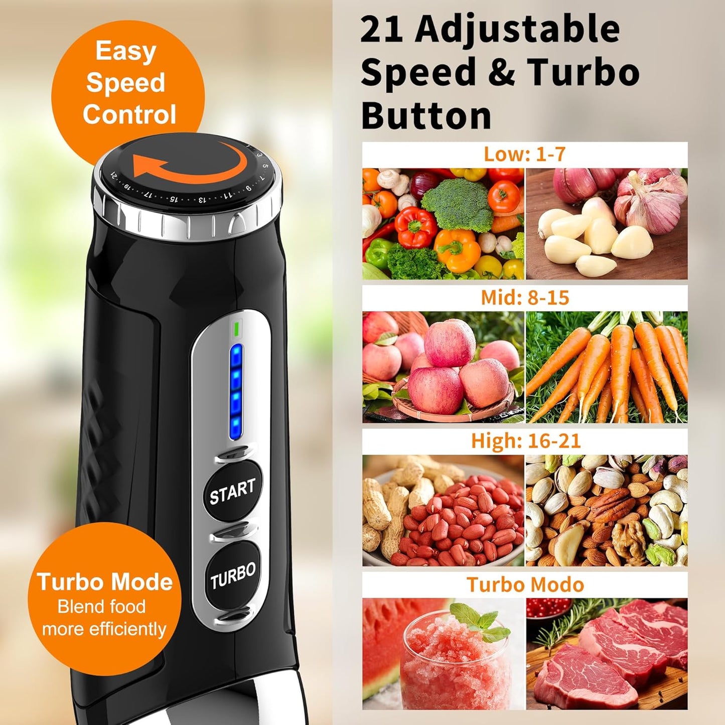 Immersion Blender Handheld, 3-Angle Adjustable with 21-Speed Electric Hand Emulsion Stick Blender with Stainless Steel Blade for Milkshakes, Puree, Soup, Baby Food, Smoothies