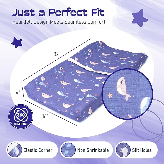 100% Muslin Changing Pad Cover Ultra Soft, Breathable, Secure Fit, Fade-Resistant Prints for Boys and Girls (Pack 2)