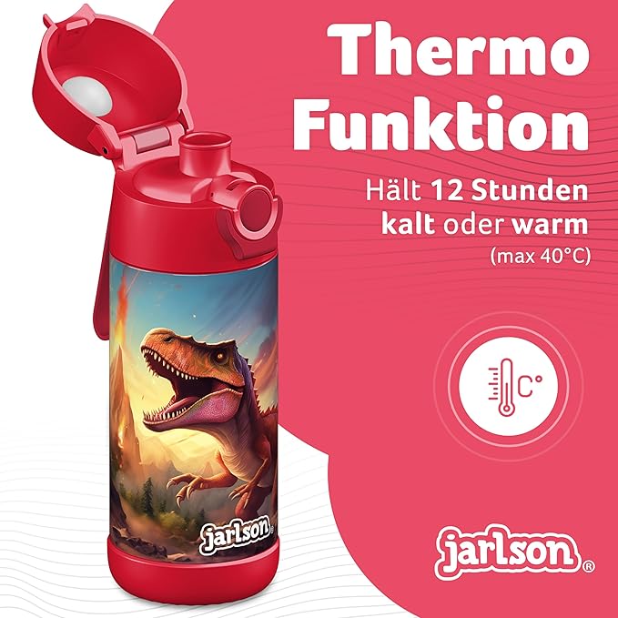 Jarlson® Mali Children's Water Bottle, Thermal Stainless Steel Water Bottle, BPA-Free, Leak-Proof, Children's Bottle with Chug Lid, Bottle for School, Nursery (Dinosaur Red, 12 oz)