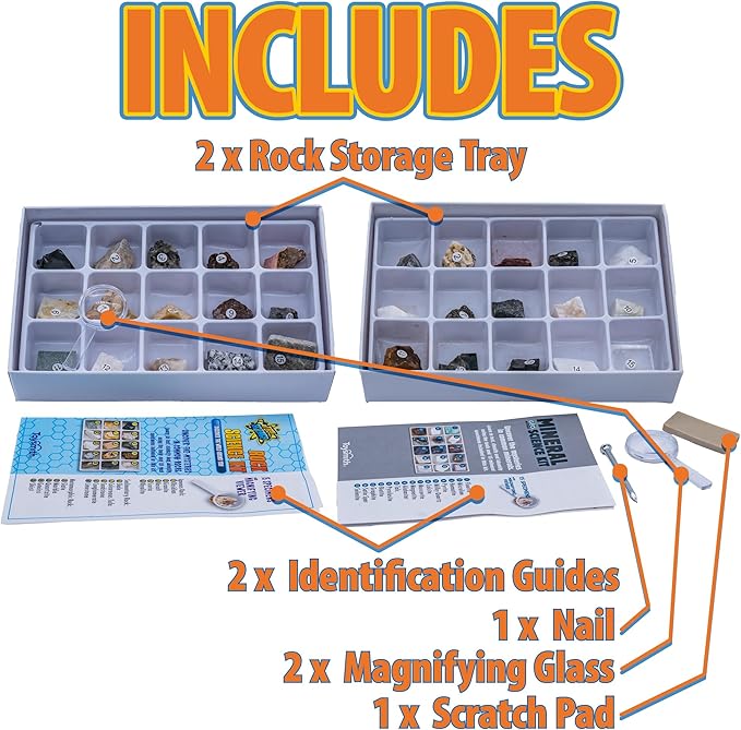 Toysmith STEM Rock & Mineral Science Kit for Kids – 30 Geology Specimens with Magnifying Viewer, Identification Guide & Testing Tools – Educational Toy for Young Geologists, Ages 8+