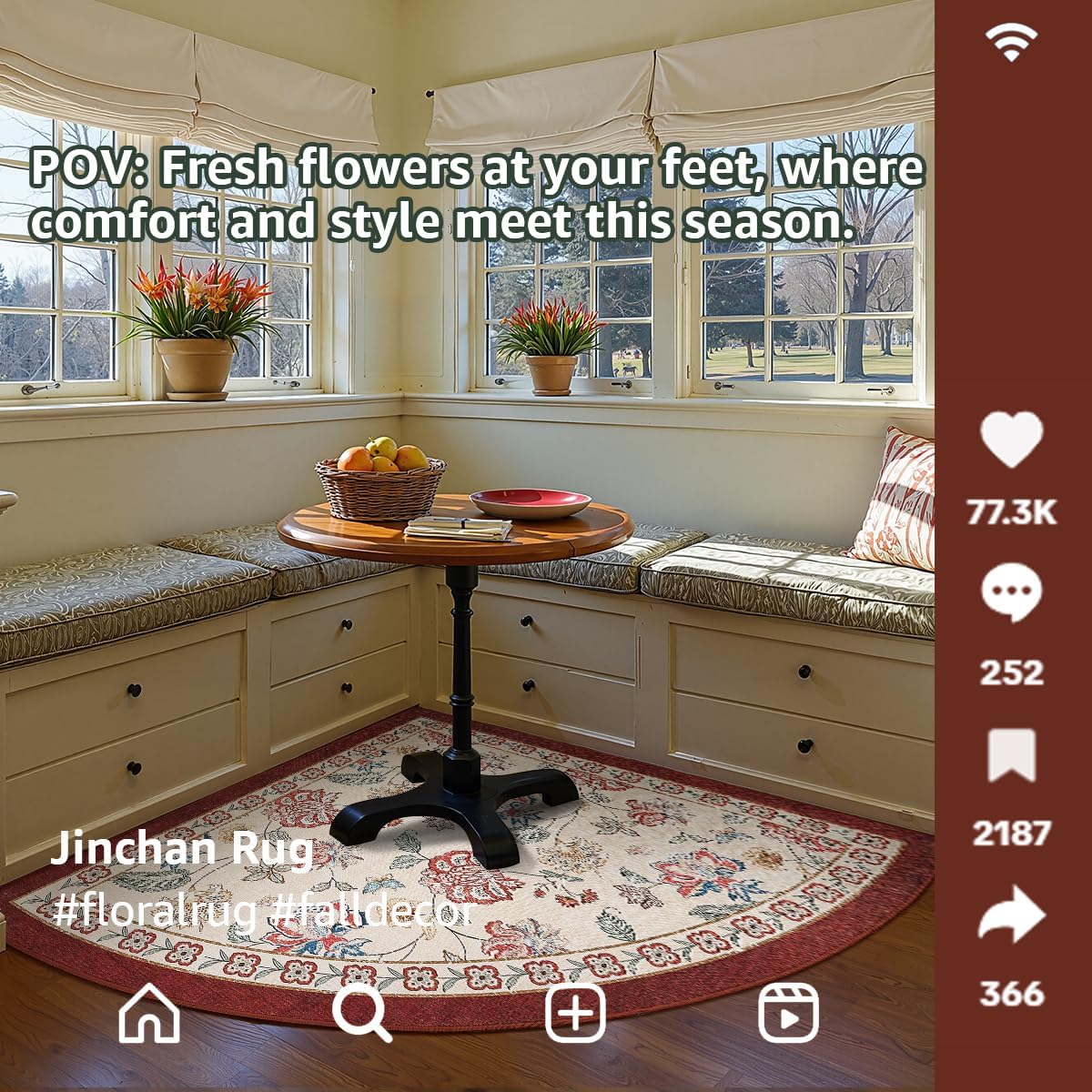 jinchan Floral Corner Rug for Kitchen Washable Nursery Rug Vintage Romance Design Non Slip Quarter Circle Lightweight Low-Pile Throw Carpet for Playroom Reading Nook Office, 5ft Radius, Red/Beige