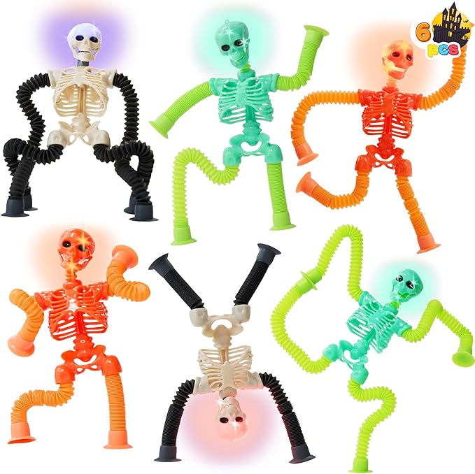 JOYIN 6 PCS Halloween Pop Sensory Tube Stretchy Toys, Glow in The Dark Fidget Toys for Halloween Party Favor Goodie Bag Fillers, Stress Relief Telescopic Suction Cup Skeleton Toys for Kids Gift