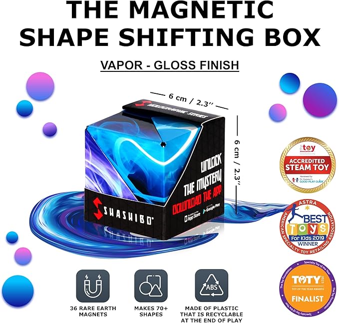 SHASHIBO Shape Shifting Box - Award-Winning Fidget Toy w/ 36 Rare Earth Magnets - Fidget Cube Transforms Into Over 70 Shapes, Sensory Toy Gift for Kids, Teens, and Adults (Vapor)