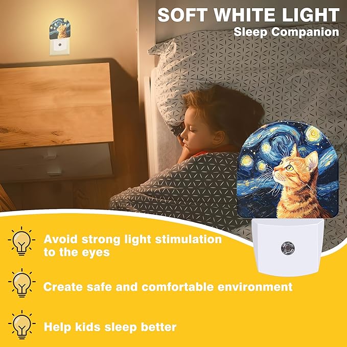 Starry Night Night Light, Orange Cat Night Lights Plug into Wall Dusk to Dawn Sensor Round Nightlight for Women Men Energy Efficient Led Lamp 0.5W for Stairway Hallway Bedroom