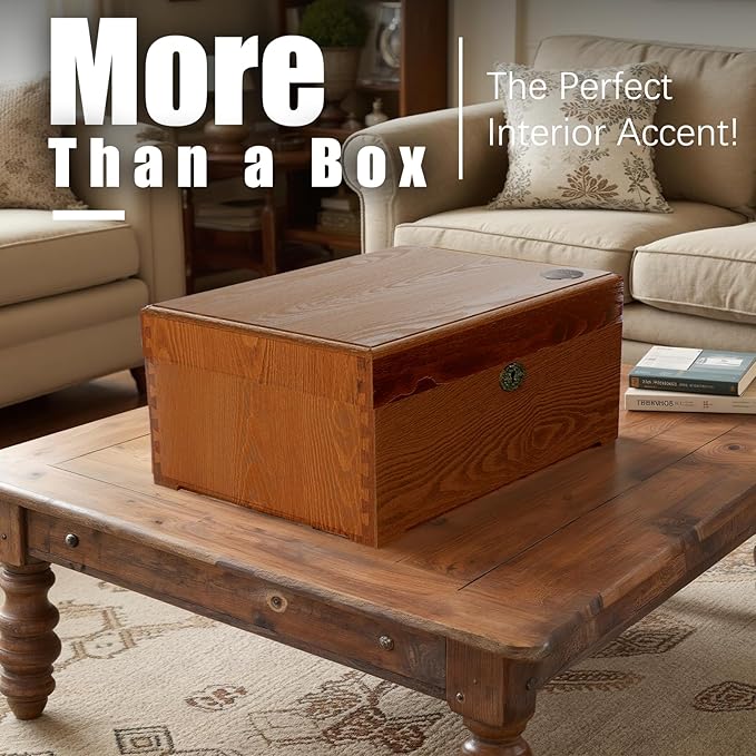 Locked Wooden keepsake box with Hinged Lid, Ash Wood Decorative Keepsake Box (11x5x8.46 in), Handmade Mortise & Tenon Joints, Durable Wood Box Storage for Jewelry & Valuables