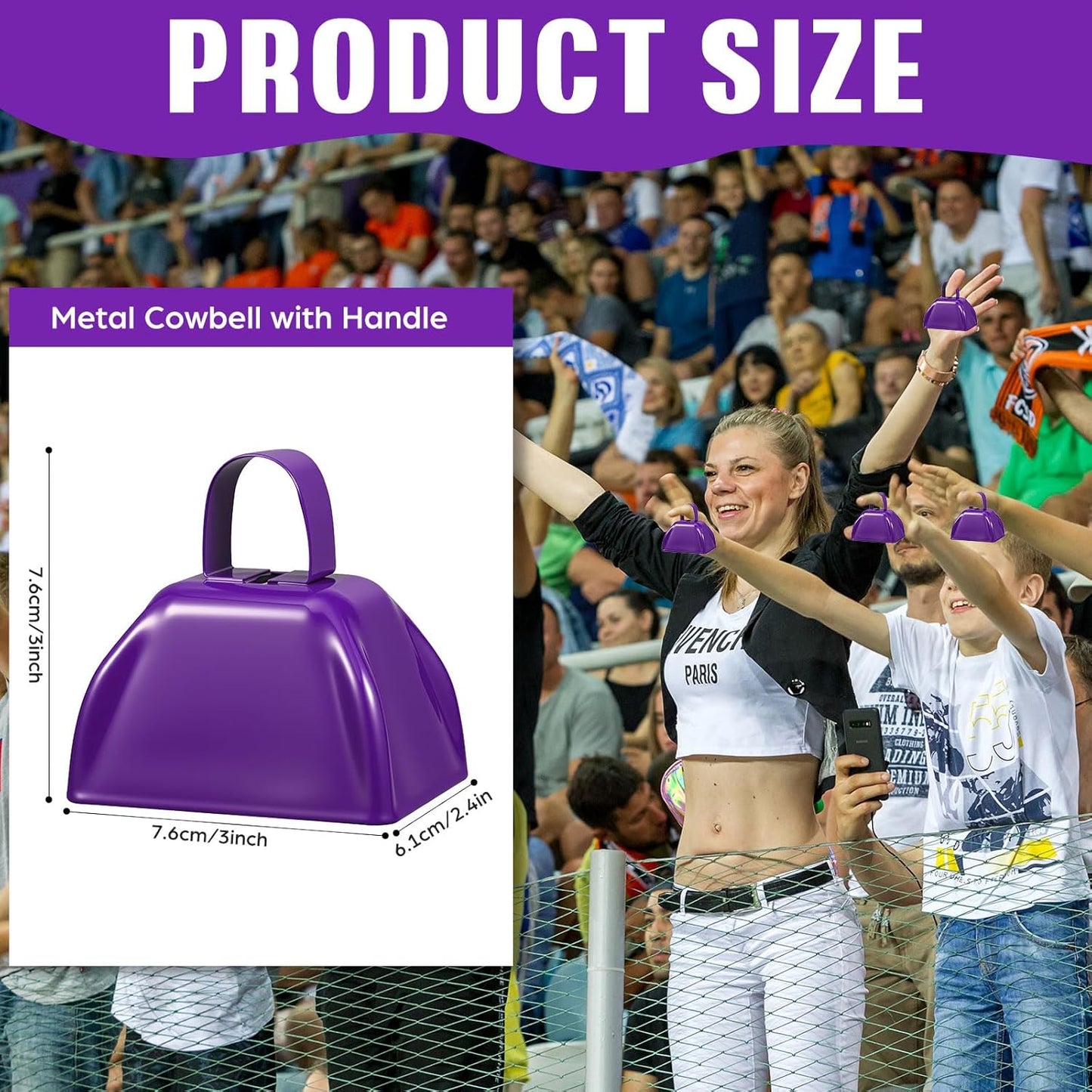 6 Pcs 3 Inch Metal Cowbells Noise Maker Hand Percussion Cow Bells with Handles for Sporting Events Cheering Noisemakers Weddings Team Spirit Sports Party Favors (Purple)