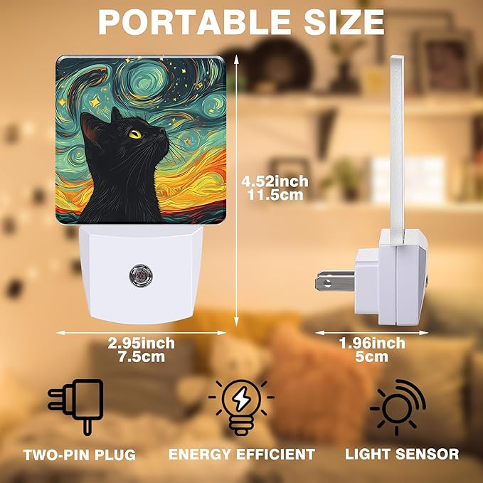 Starry Night Night Light Black Cat Watching Stars Night Lights Plug into Wall Smart Dusk to Dawn Sensor 0.5W Energy Efficient Led Lamp for Men Women Bedroom Bathroom Hallway Stairway Decor