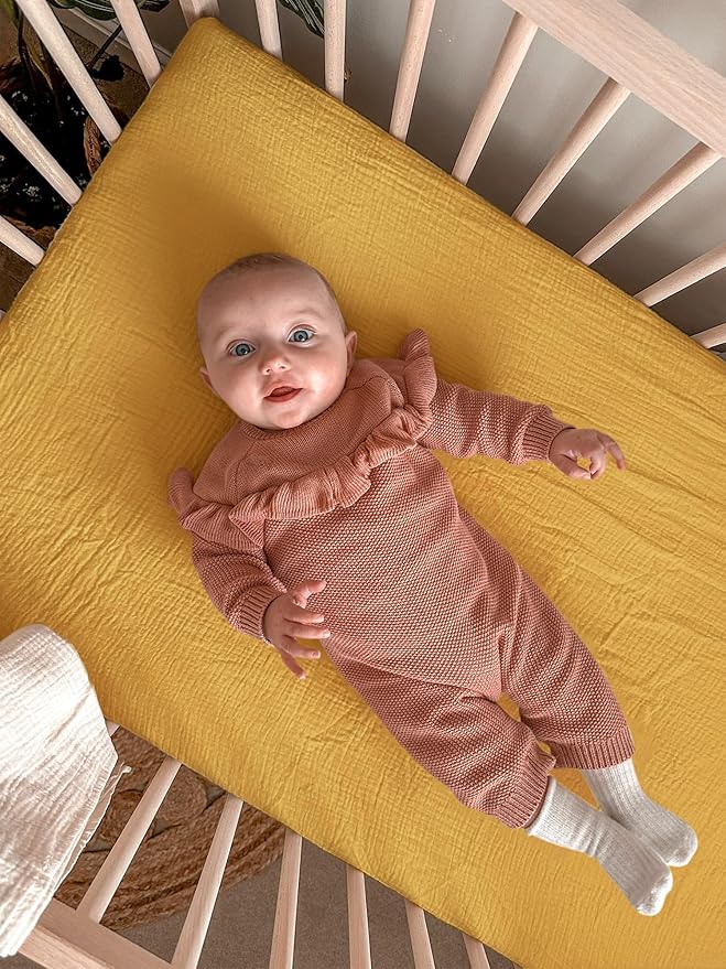 Bassinet Sheet for Baby Boy and Girl 2 Pack, Fitted Sheets for Rectangle, Oval, Hourglass Bassinet Mattress, Muslin Moses Basket Sheets with Neutral Style (Beige & Mustard Yellow)