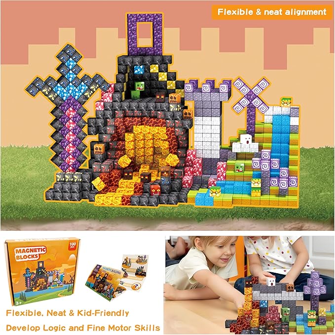 100 PCS Magnetic Blocks Building Toys, Build 3D Magnetic Building Blocks Set for Kids Ages 3+, Magnet Blocks STEM Sensory Educational Christmas Birthday Gifts Construction Toys