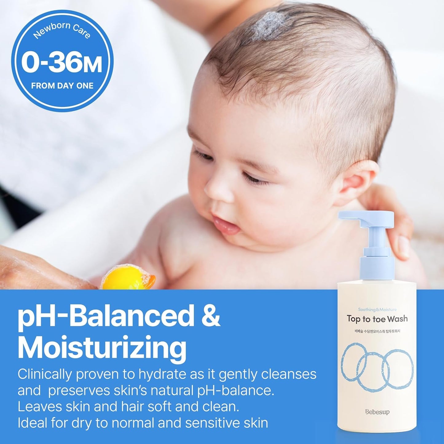 BEBESUP- 베베숲 Head to Toe Wash Baby Shampoo | Korean Skincare for Sensitive & Atopic Skin Organic Rice Cera Biome Hypoallergenic Coconut-Derived Cleanser Head to Toe Use 10.14 fl oz
