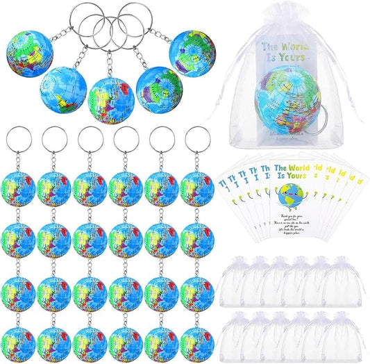 Quelay 24 Pack Earth Day Globe Keychains for Kids, Planet Earth Keyrings Toy Includes Globe Stress Balls Cards Organza Bags, School Party Favor