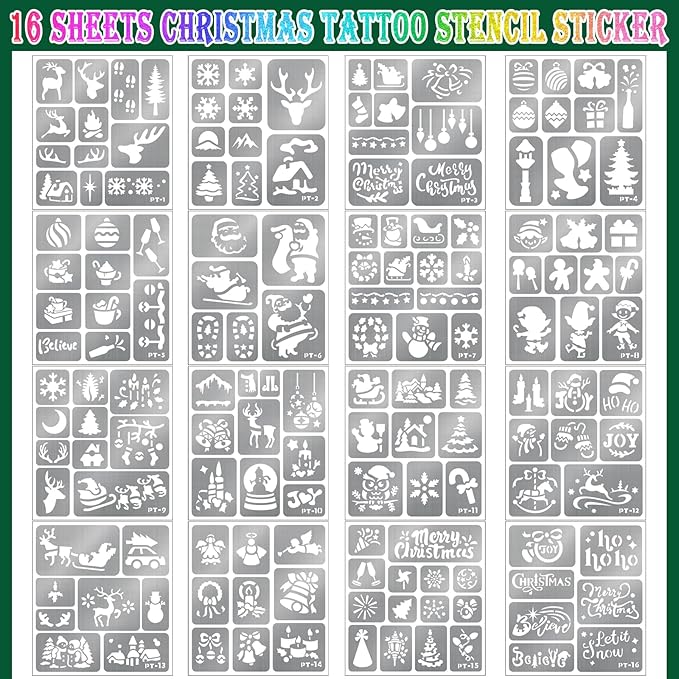 158 PCS Christmas Temporary Tattoo Stencils for Kids, Face and Body Paint Stencils Kit, Girl Boy Glitter Xmas Santa Tattoos Stencils Pack for Christmas Kids School Show Birthdays Party Favor Supplies